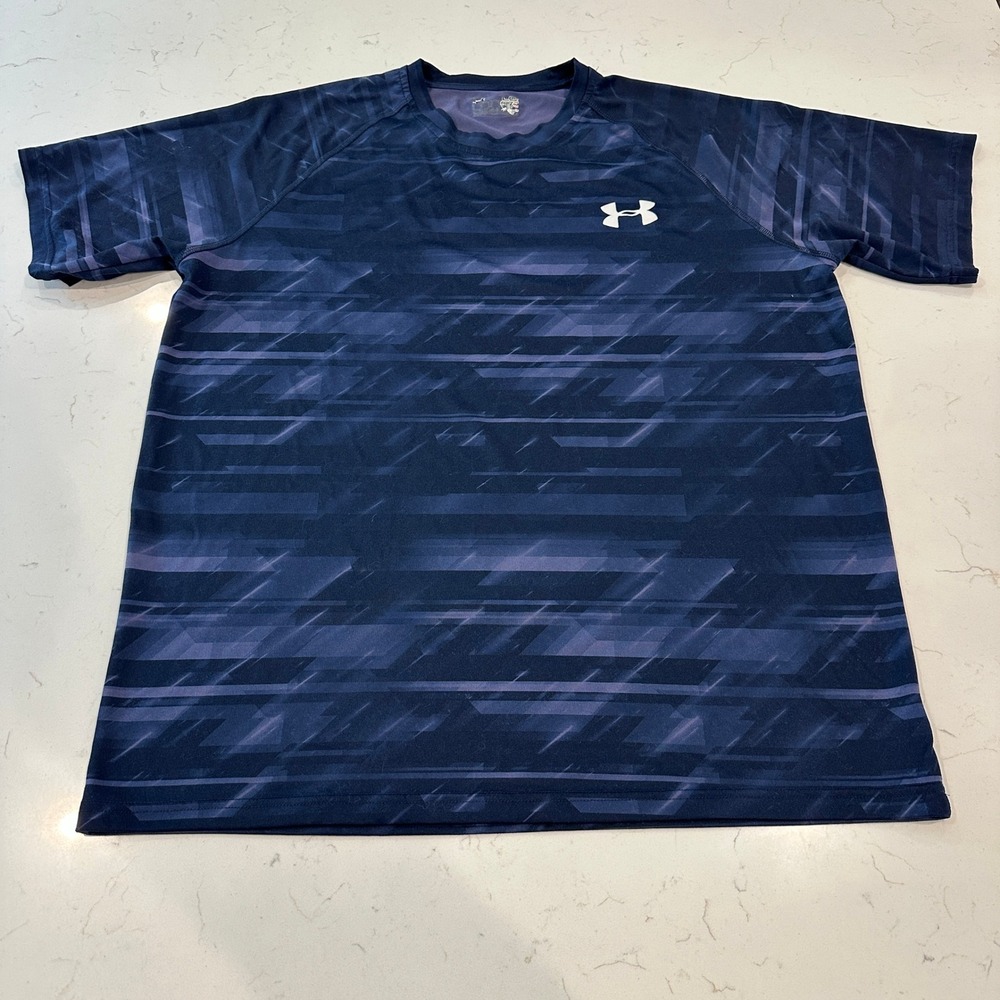 Under Armour Mens HeatGear Short Sleeve T-Shirt Navy Blue Digital Print Large